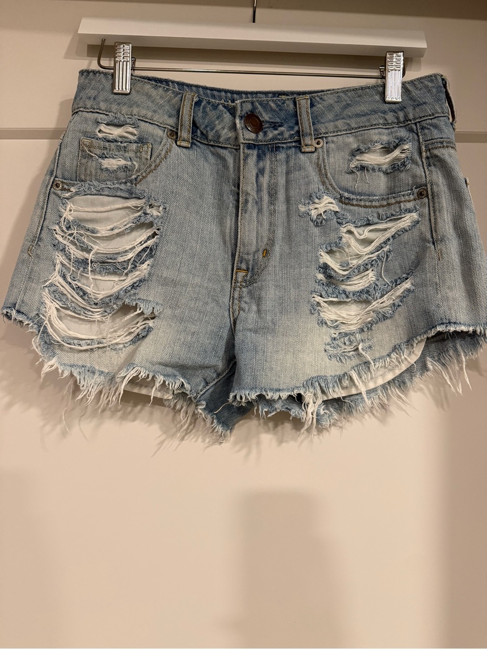 American Eagle Outfitters Light Blue Distressed High-Waist Denim Shorts